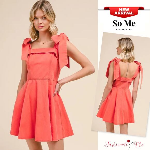 So Me A-Line Fit and Flare Bow Tie Strap Detail Washed Gameday Dress | Orange - Picture 1 of 6